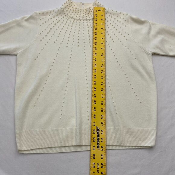BFA Classics Beaded Sweater Back Zip Mock Neck Knit Ivory Womens Large - Picture 10 of 12